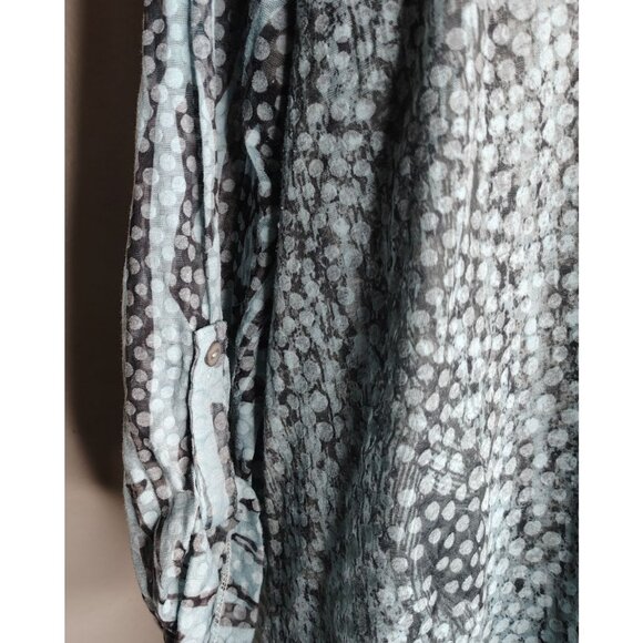 Ali Miles 1X Blue Leopard Print Tunic Top, 1/4 Button, Roll Tab Sleeve, Lace Hem - Picture 5 of 7